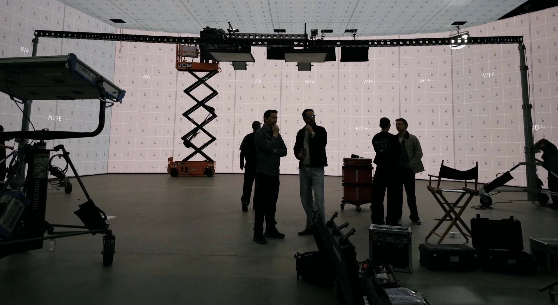 Film crew and production equipment on a virtual production stage at NantStudios